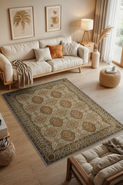 Osmanlı Türk Kültürü Desenli Klasik Oturma Odası Halısı, Kiremit Renli Halı, Makinede Yıkanabilir Madalyon Halı