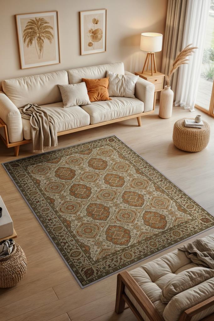 Osmanlı Türk Kültürü Desenli Klasik Oturma Odası Halısı, Kiremit Renli Halı, Makinede Yıkanabilir Madalyon Halı