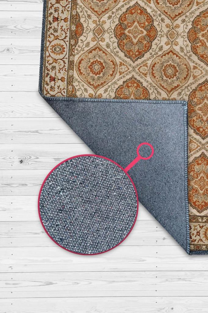 Osmanlı Türk Kültürü Desenli Klasik Oturma Odası Halısı, Kiremit Renli Halı, Makinede Yıkanabilir Madalyon Halı