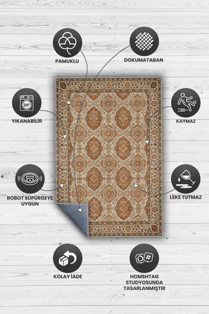 Osmanlı Türk Kültürü Desenli Klasik Oturma Odası Halısı, Kiremit Renli Halı, Makinede Yıkanabilir Madalyon Halı