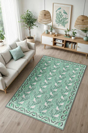 Oturma Odası Halısı, Kuş Ve Ağaç Desenli Yeşil Halı, Maksimalist Ev Dekoru, Yıkanabilir Çocuk Odası Halısı