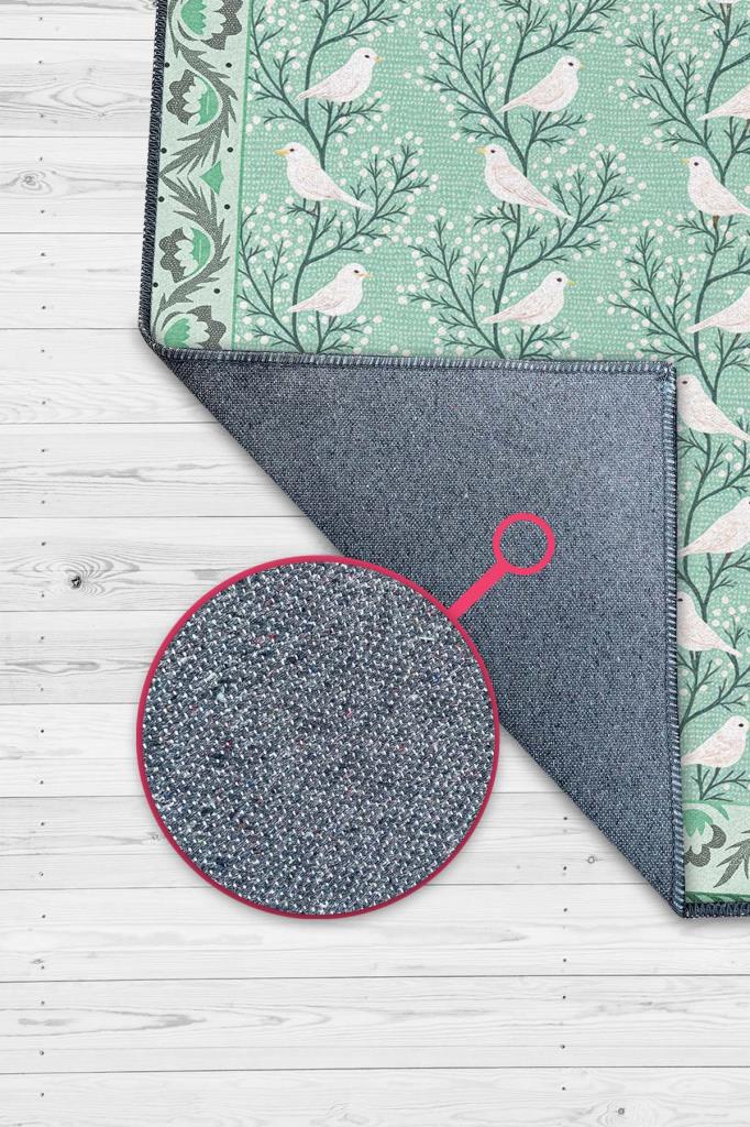 Oturma Odası Halısı, Kuş Ve Ağaç Desenli Yeşil Halı, Maksimalist Ev Dekoru, Yıkanabilir Çocuk Odası Halısı