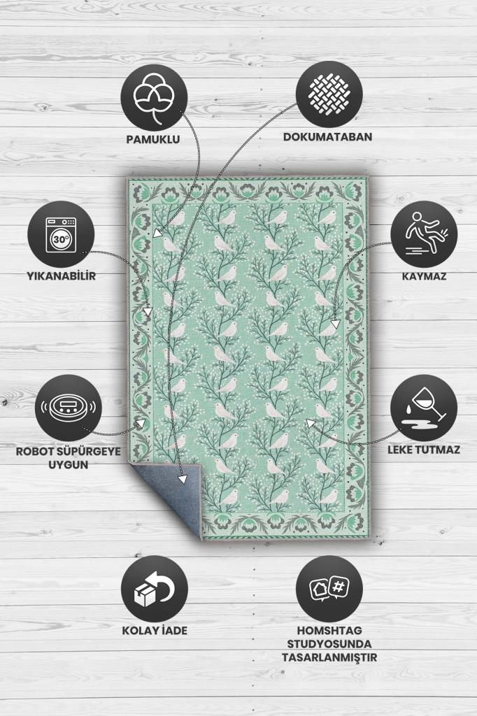 Oturma Odası Halısı, Kuş Ve Ağaç Desenli Yeşil Halı, Maksimalist Ev Dekoru, Yıkanabilir Çocuk Odası Halısı