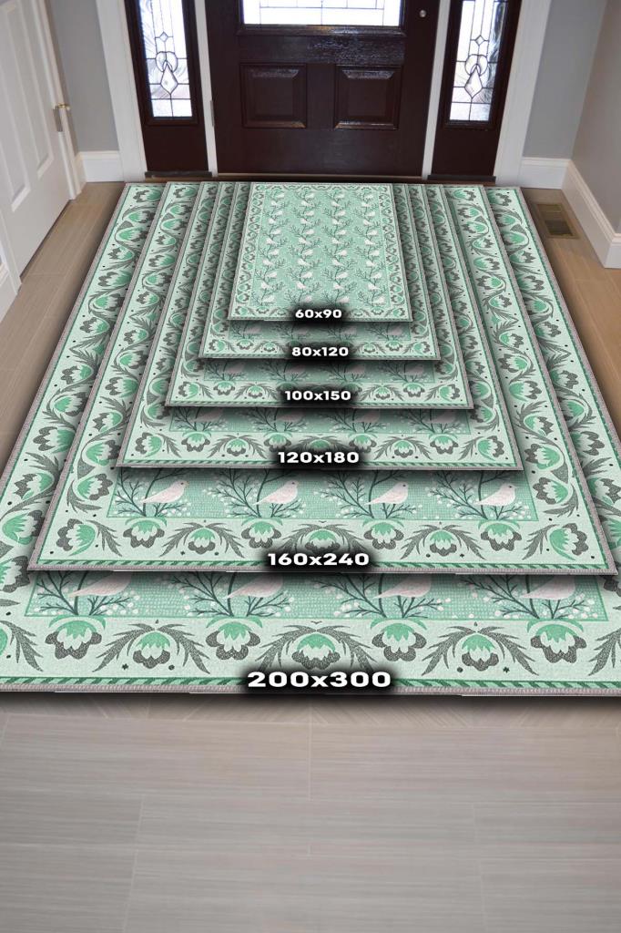 Oturma Odası Halısı, Kuş Ve Ağaç Desenli Yeşil Halı, Maksimalist Ev Dekoru, Yıkanabilir Çocuk Odası Halısı