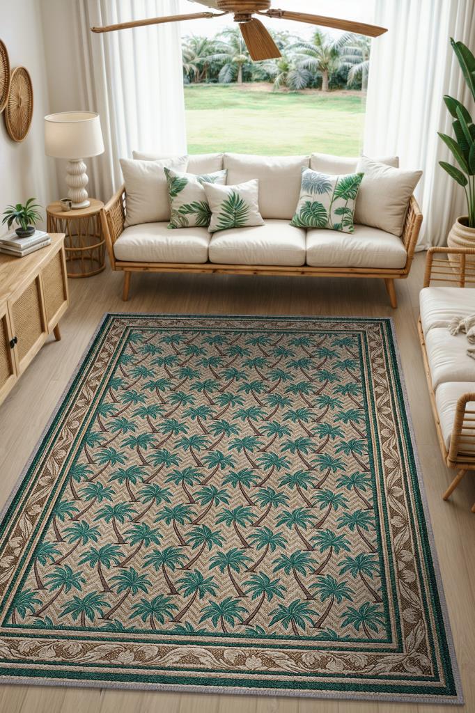 Palmiye Ağacı Desenli Kahverengi Halı, Egzotik Oturma Odası Dekoru Halısı, Bohem Tarz Salon Halısı