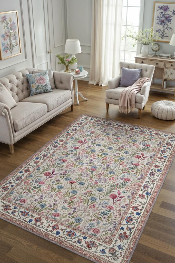 Pastel Çiçek Desenli Salon Halısı, Vintage Tarz Maksimalist Ev Dekoru, Yıkanabilir Dokuma Pamuk Tabanlı Kaymaz Tabanlı Halı