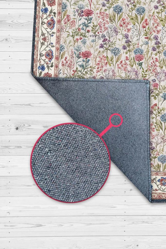 Pastel Çiçek Desenli Salon Halısı, Vintage Tarz Maksimalist Ev Dekoru, Yıkanabilir Dokuma Pamuk Tabanlı Kaymaz Tabanlı Halı