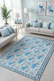 Pastel Mavi Botanik Bohem Halı, Çiçek Desenli Salon Halısı, Yıkanabilir Dokuma Pamuk Tabanlı Kaymaz Tabanlı Halı