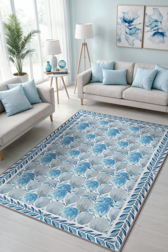 Pastel Mavi Botanik Bohem Halı, Çiçek Desenli Salon Halısı, Yıkanabilir Dokuma Pamuk Tabanlı Kaymaz Tabanlı Halı