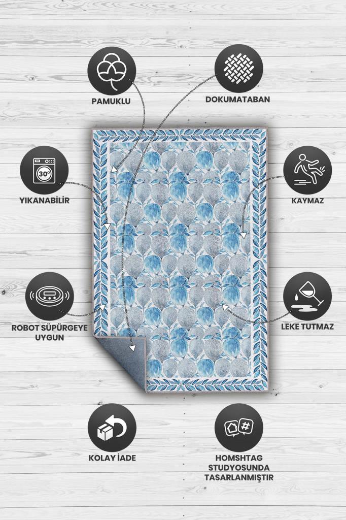 Pastel Mavi Botanik Bohem Halı, Çiçek Desenli Salon Halısı, Yıkanabilir Dokuma Pamuk Tabanlı Kaymaz Tabanlı Halı