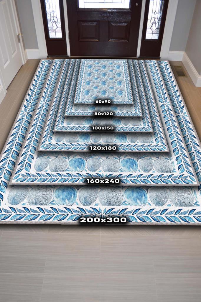 Pastel Mavi Botanik Bohem Halı, Çiçek Desenli Salon Halısı, Yıkanabilir Dokuma Pamuk Tabanlı Kaymaz Tabanlı Halı