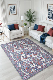 Pateh Desenli Şal Motifli Çiçekli Antik Halı, Kırmızı Mavi İran Halısı, Makinede Yıkanabilir Salon Halısı