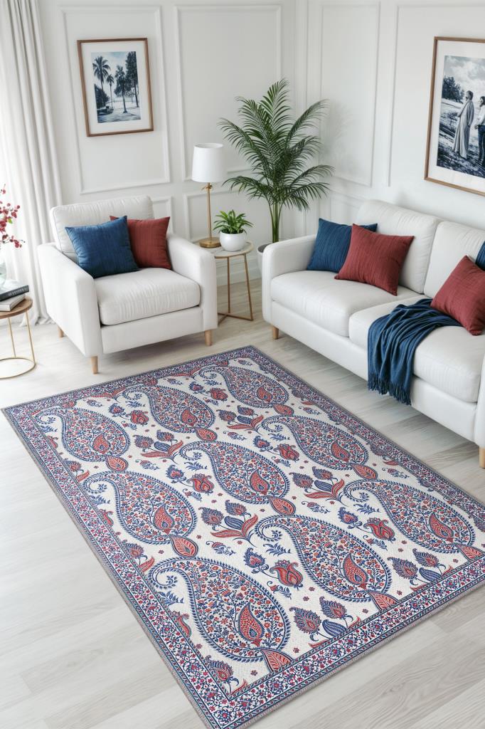 Pateh Desenli Şal Motifli Çiçekli Antik Halı, Kırmızı Mavi İran Halısı, Makinede Yıkanabilir Salon Halısı