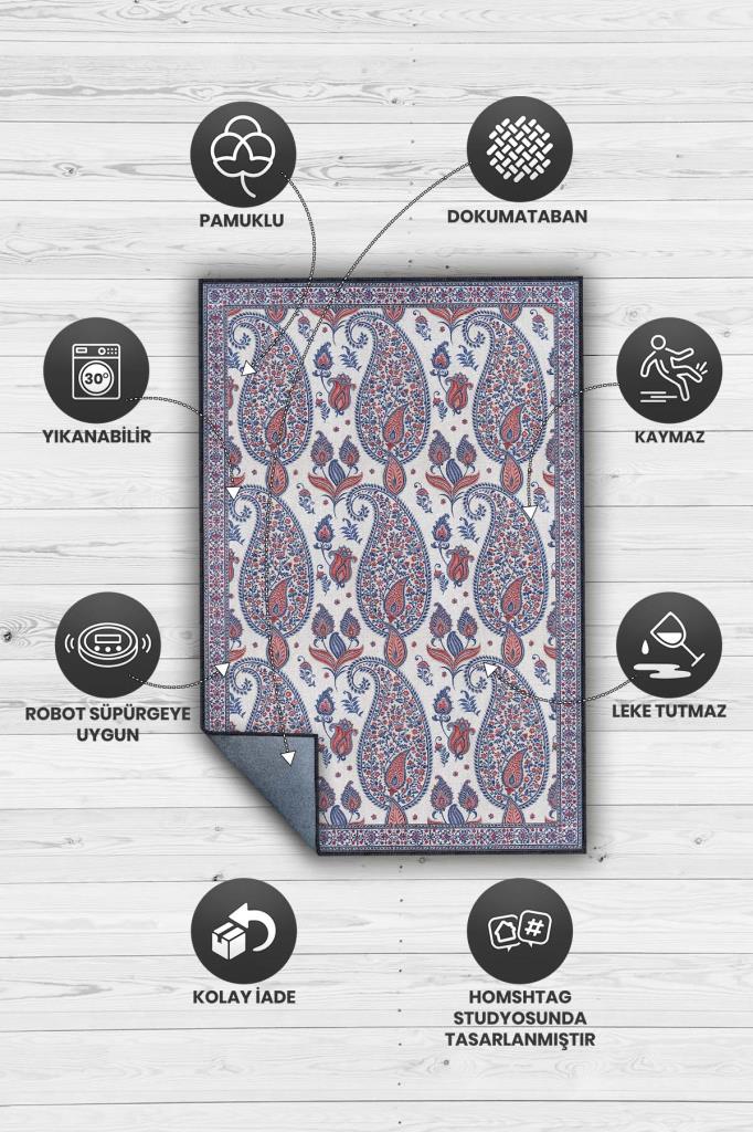 Pateh Desenli Şal Motifli Çiçekli Antik Halı, Kırmızı Mavi İran Halısı, Makinede Yıkanabilir Salon Halısı