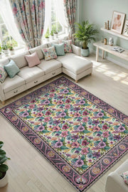 Pembe Ve Mor Çiçek Desenli Salon Halısı, Bordürlü Geleneksel Halı, Yıkanabilir Dokuma Pamuk Tabanlı Halı