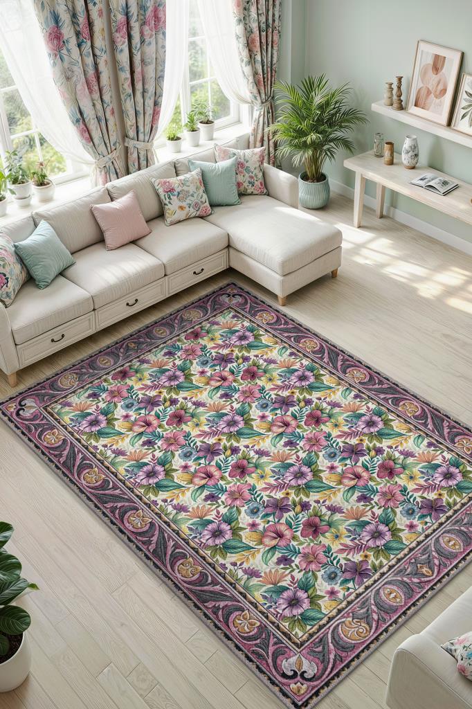 Pembe Ve Mor Çiçek Desenli Salon Halısı, Bordürlü Geleneksel Halı, Yıkanabilir Dokuma Pamuk Tabanlı Halı