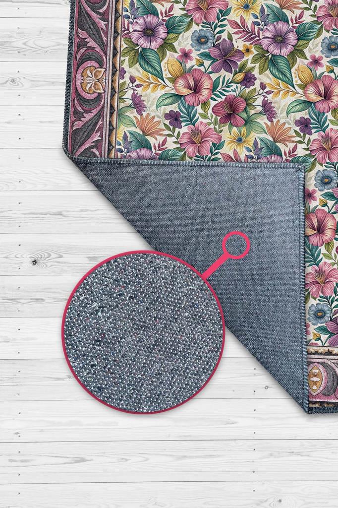 Pembe Ve Mor Çiçek Desenli Salon Halısı, Bordürlü Geleneksel Halı, Yıkanabilir Dokuma Pamuk Tabanlı Halı