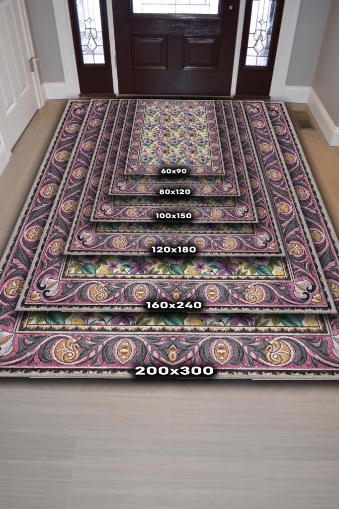 Pembe Ve Mor Çiçek Desenli Salon Halısı, Bordürlü Geleneksel Halı, Yıkanabilir Dokuma Pamuk Tabanlı Halı