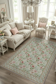 Pink and Green Living Room Rug, Floral Patterned Living Room Rug, Bright Kitchen Rug, Washable Non-Slip Rug 
