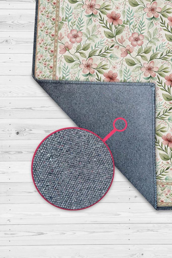 Pembe Yeşil Oturma Odası Halısı, Çiçek Desenli Salon Halısı, Ferah Mutfak Halısı, Yıkanabilir Kaymaz Tabanlı Halı