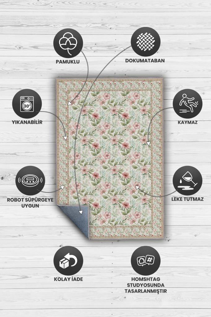 Pink and Green Living Room Rug, Floral Patterned Living Room Rug, Bright Kitchen Rug, Washable Non-Slip Rug 