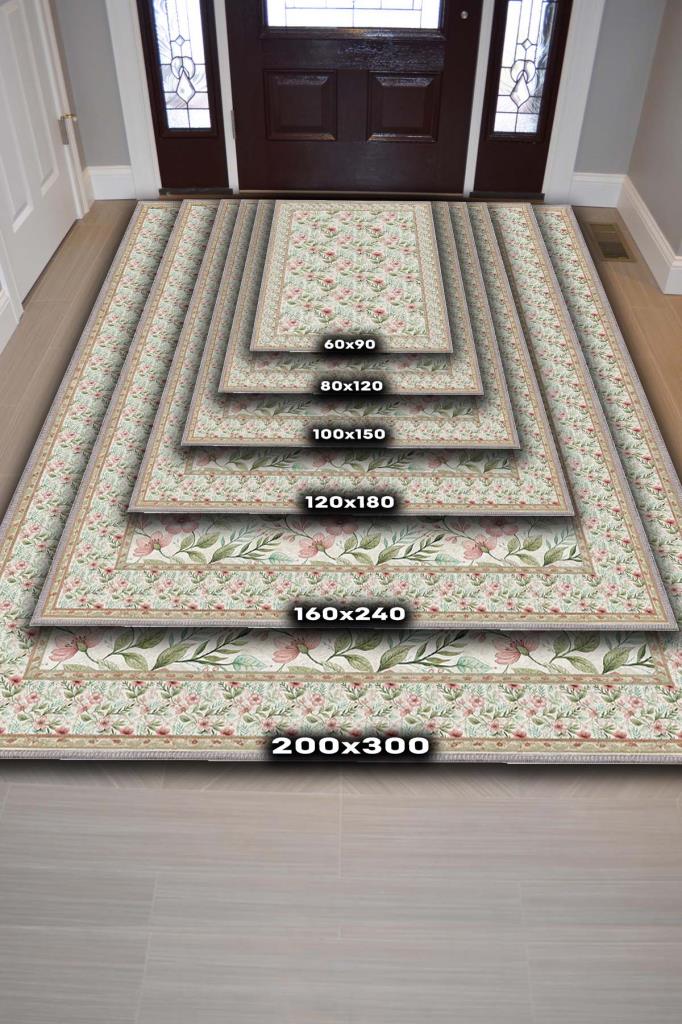 Pink and Green Living Room Rug, Floral Patterned Living Room Rug, Bright Kitchen Rug, Washable Non-Slip Rug 