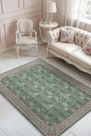 Pembe Yeşil Vintage Çiçekli Halı, Madalyon Bordürlü Yıkanabilir Oturma Odası Halısı