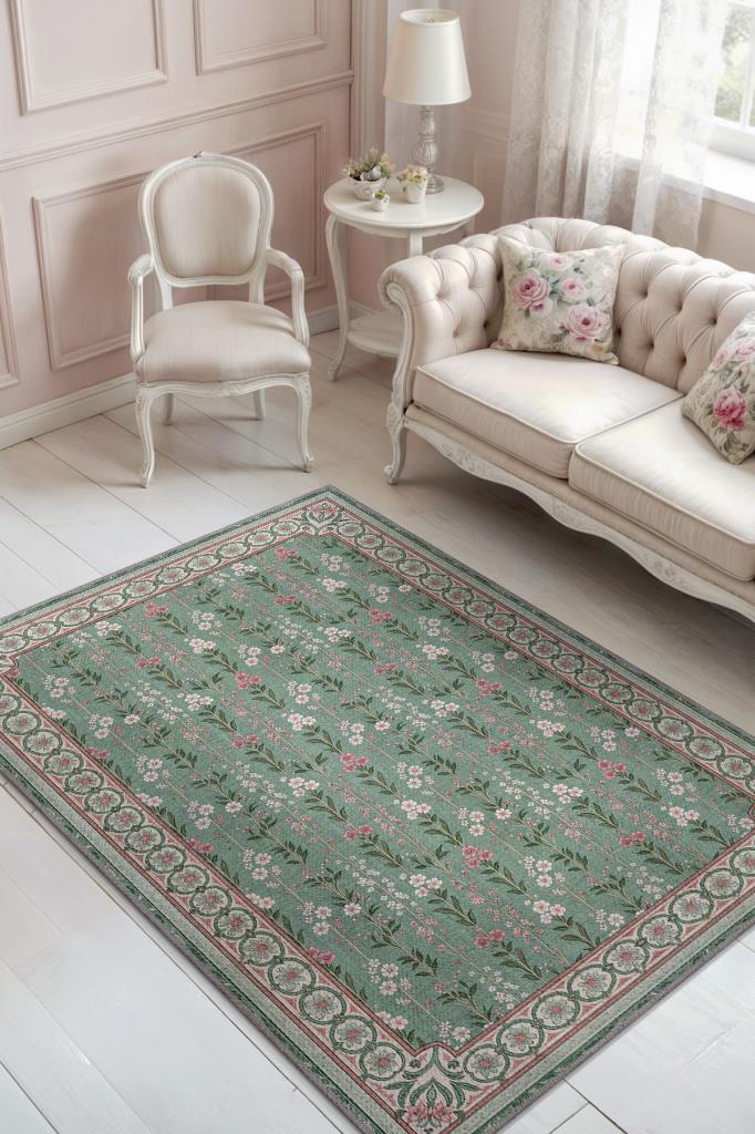 Pembe Yeşil Vintage Çiçekli Halı, Madalyon Bordürlü Yıkanabilir Oturma Odası Halısı