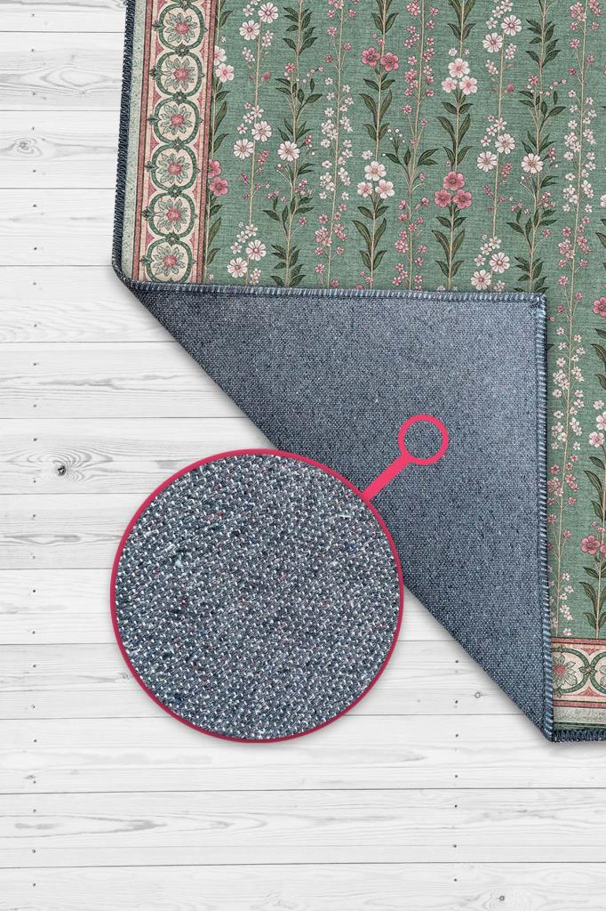 Pembe Yeşil Vintage Çiçekli Halı, Madalyon Bordürlü Yıkanabilir Oturma Odası Halısı