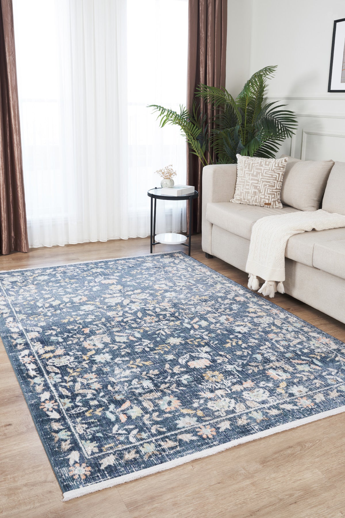 Rustik 2224 Klasik Vintage Salon Mavi Country Mutfak Halısı Tozumaz Yumuşak Makine Halısı