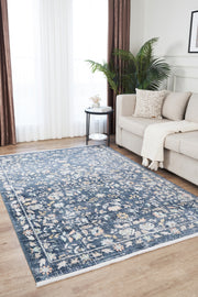 Rustik 2224 Klasik Vintage Salon Mavi Country Mutfak Halısı Tozumaz Yumuşak Makine Halısı