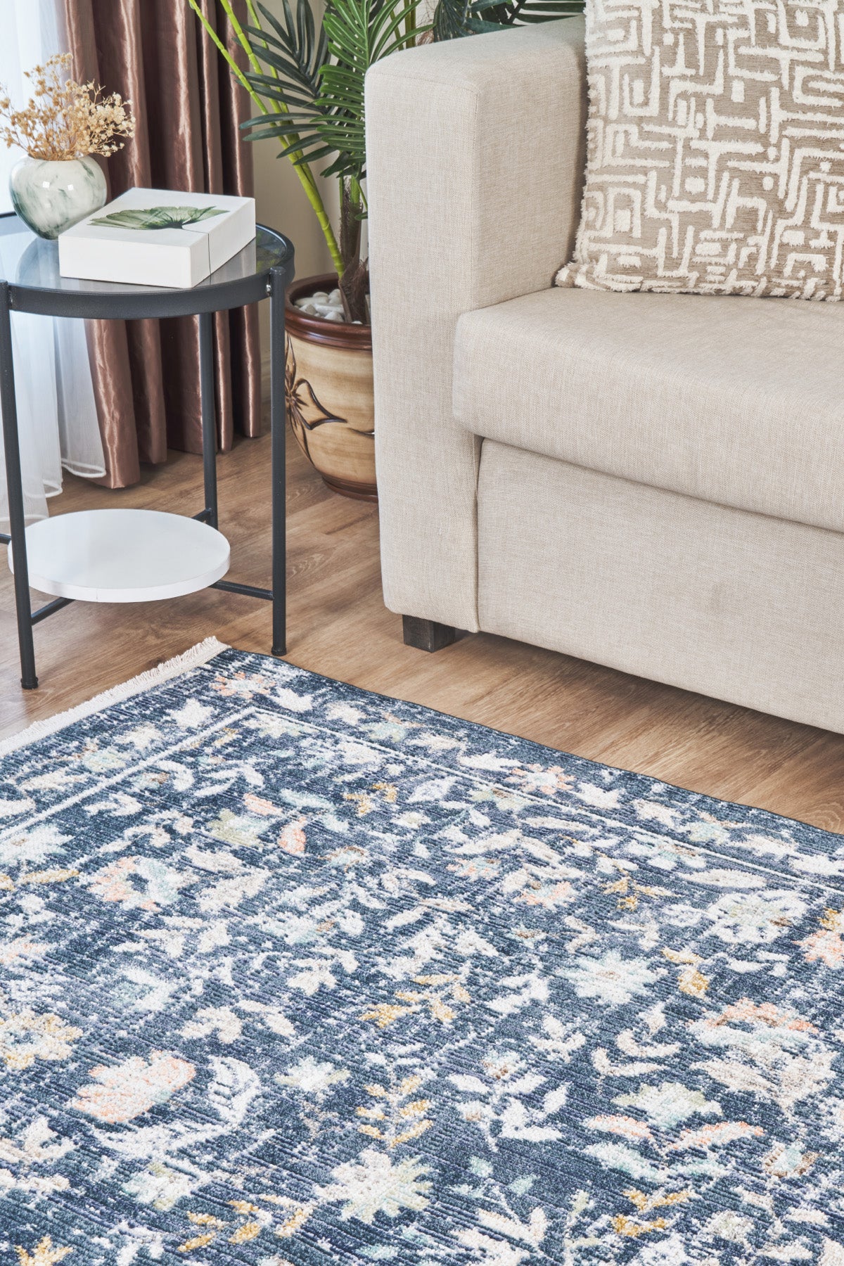 Rustik 2224 Klasik Vintage Salon Mavi Country Mutfak Halısı Tozumaz Yumuşak Makine Halısı