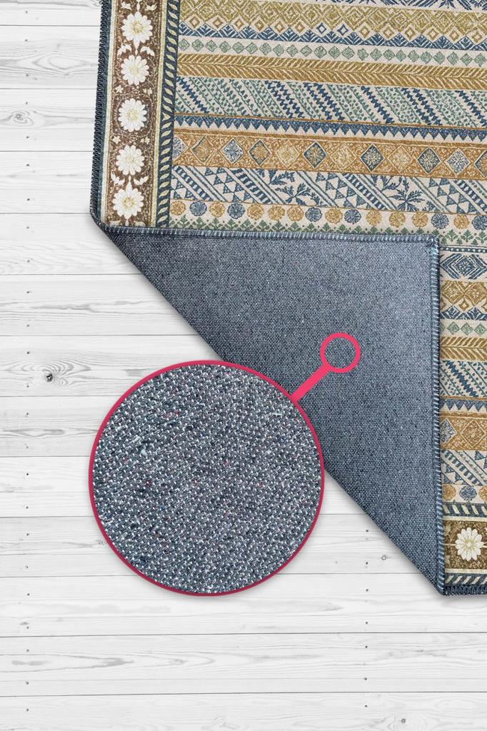 Rustik Geometrik Desenli, Çiçek Bordürlü Mavi Ve Hardal Renkli Benzersiz Salon Halısı, Yıkanabilir Bohem Oturma Odası Halısı