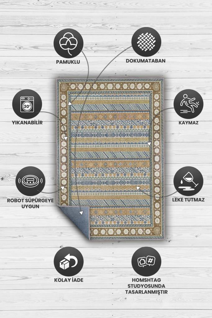 Rustik Geometrik Desenli, Çiçek Bordürlü Mavi Ve Hardal Renkli Benzersiz Salon Halısı, Yıkanabilir Bohem Oturma Odası Halısı
