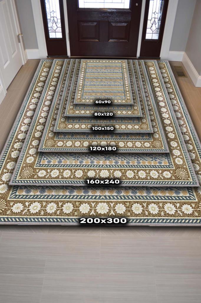 Rustik Geometrik Desenli, Çiçek Bordürlü Mavi Ve Hardal Renkli Benzersiz Salon Halısı, Yıkanabilir Bohem Oturma Odası Halısı