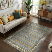 Rustik Geometrik Desenli, Çiçek Bordürlü Mavi Ve Hardal Renkli Benzersiz Salon Halısı, Yıkanabilir Bohem Oturma Odası Halısı