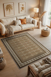 Rustik Halı, Ahşap Oda Dekoru İçin Yıkanabilir Minimlasit Halı, Bordürlü Gelneksel Halı