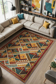 Rustik Halı, Çok Renkli Halı, Geometrik Halı, Üçgen Desenli Oturma Odası Halısı, Yıkanabilir Halı