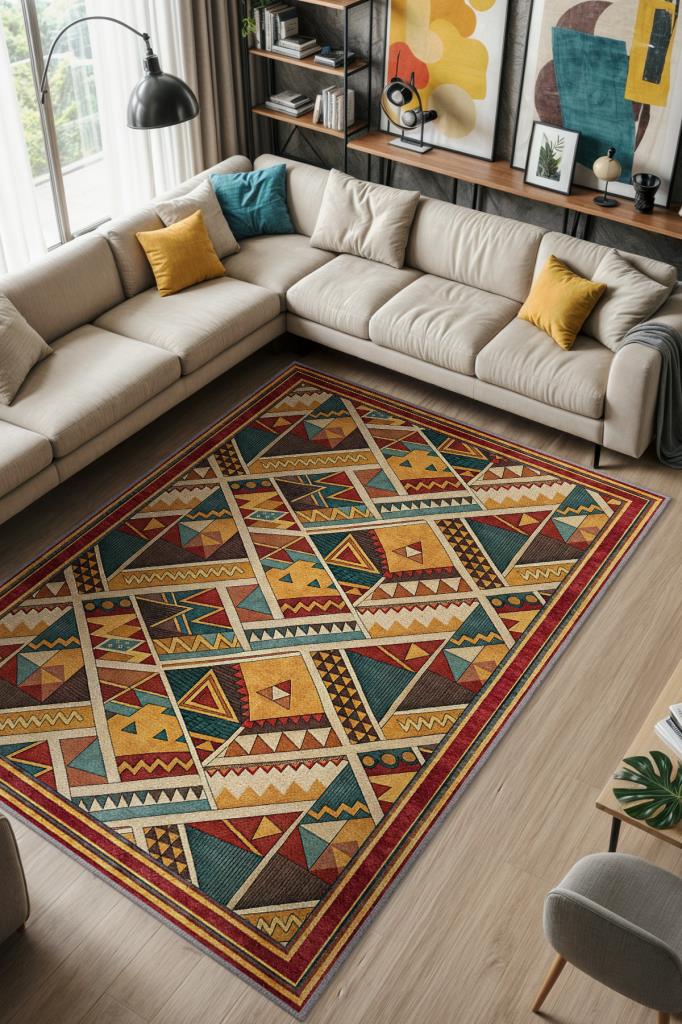 Rustik Halı, Çok Renkli Halı, Geometrik Halı, Üçgen Desenli Oturma Odası Halısı, Yıkanabilir Halı