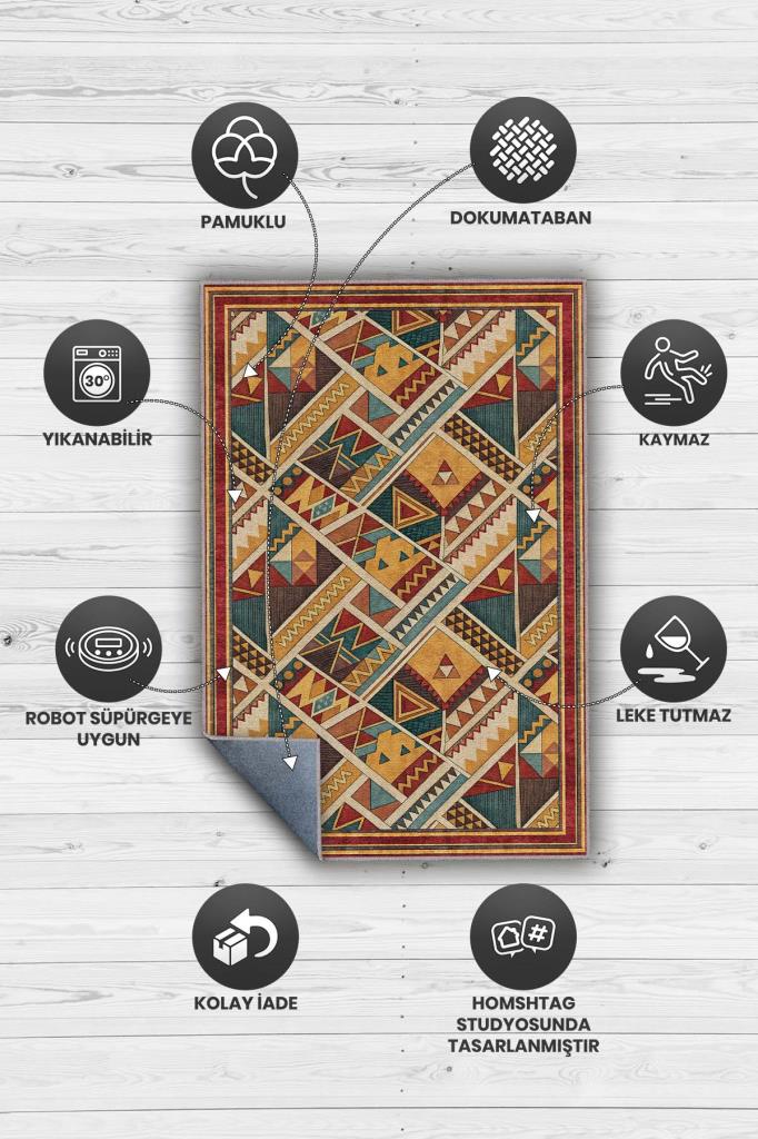 Rustik Halı, Çok Renkli Halı, Geometrik Halı, Üçgen Desenli Oturma Odası Halısı, Yıkanabilir Halı
