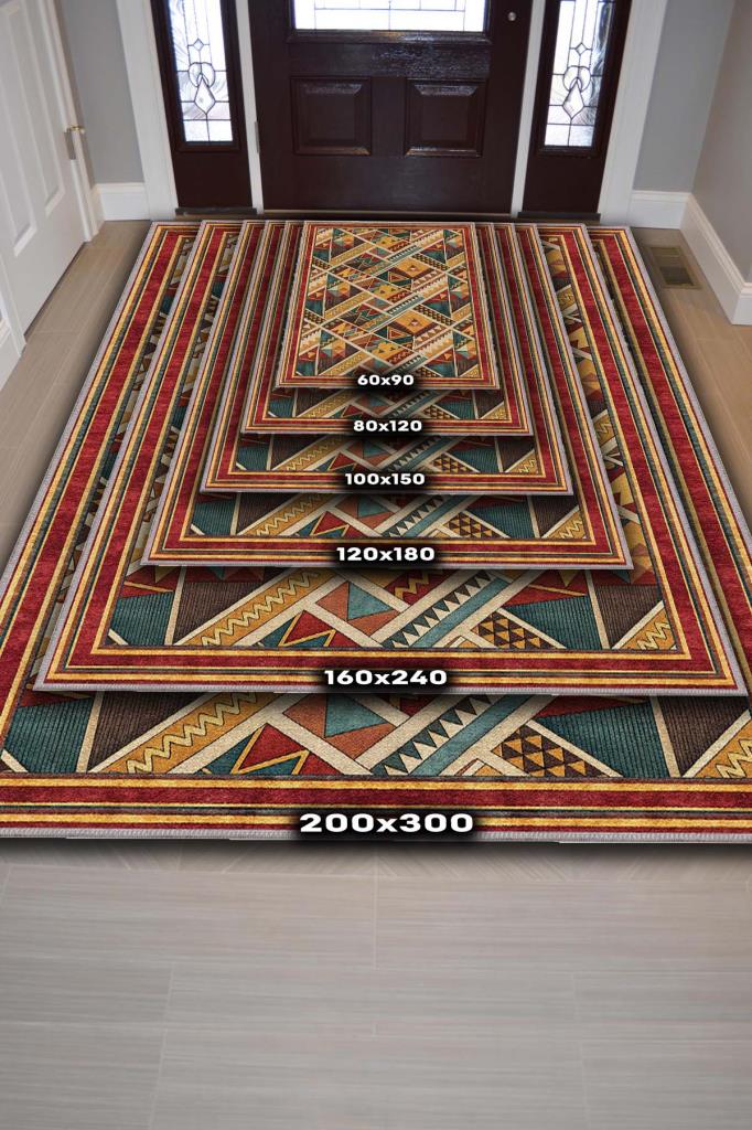 Rustik Halı, Çok Renkli Halı, Geometrik Halı, Üçgen Desenli Oturma Odası Halısı, Yıkanabilir Halı
