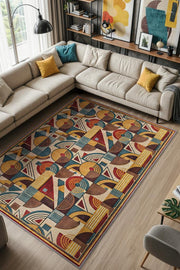 Salon Halısı Geometrik Desenli, Çok Renkli Halı, Retro Halı, Yıkanabilir Dokuma Pamuk Tabanlı Halı