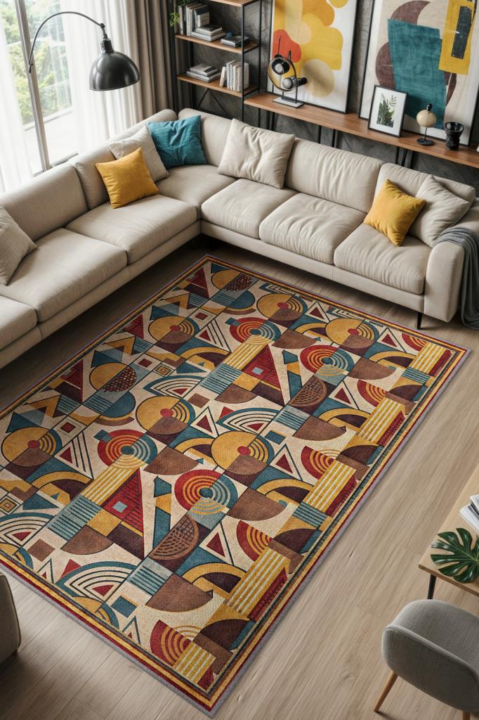 Salon Halısı Geometrik Desenli, Çok Renkli Halı, Retro Halı, Yıkanabilir Dokuma Pamuk Tabanlı Halı