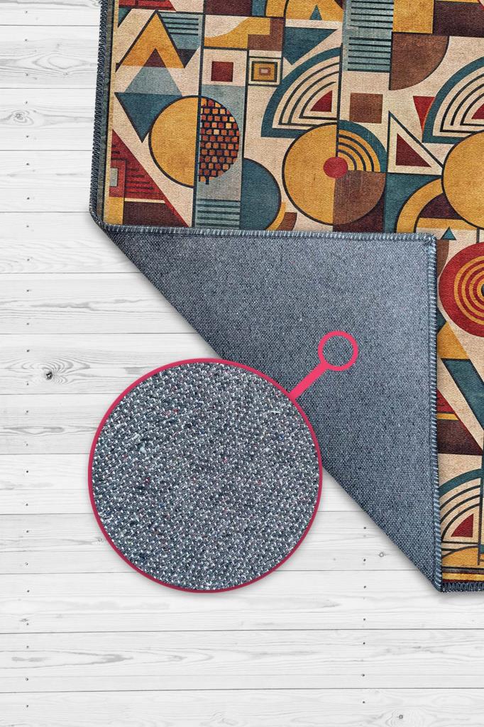 Salon Halısı Geometrik Desenli, Çok Renkli Halı, Retro Halı, Yıkanabilir Dokuma Pamuk Tabanlı Halı