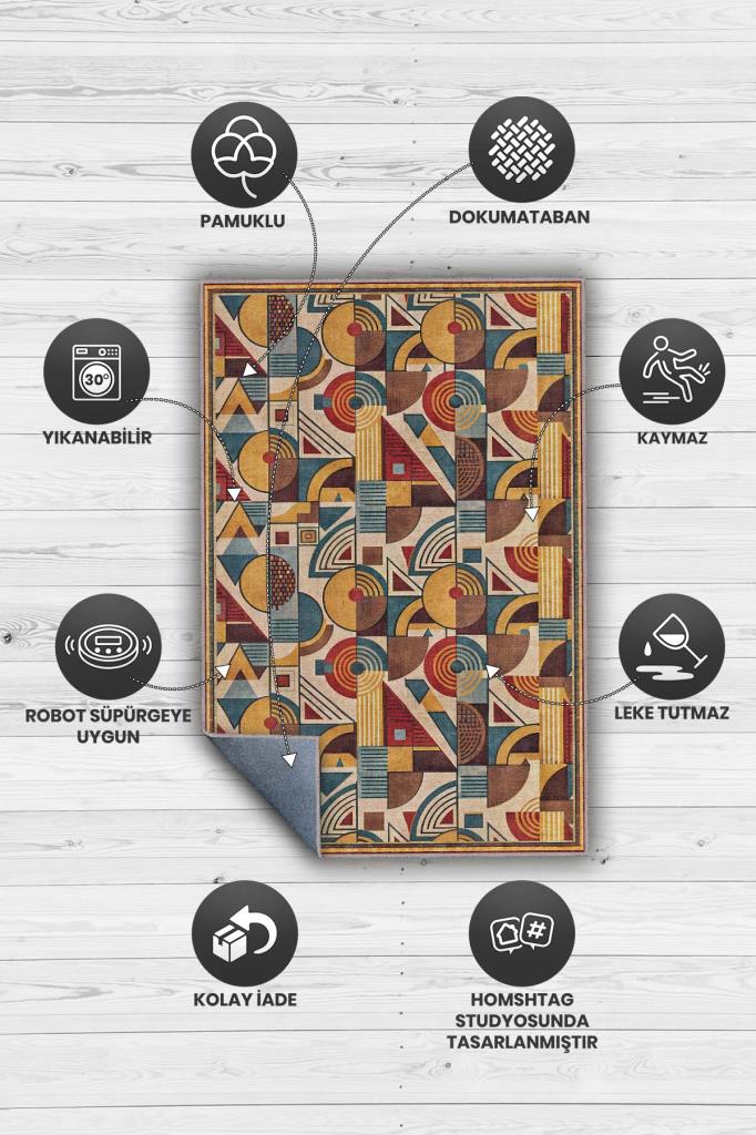 Salon Halısı Geometrik Desenli, Çok Renkli Halı, Retro Halı, Yıkanabilir Dokuma Pamuk Tabanlı Halı