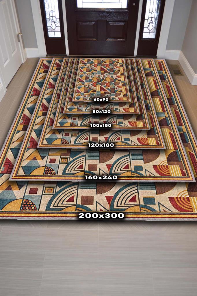 Salon Halısı Geometrik Desenli, Çok Renkli Halı, Retro Halı, Yıkanabilir Dokuma Pamuk Tabanlı Halı