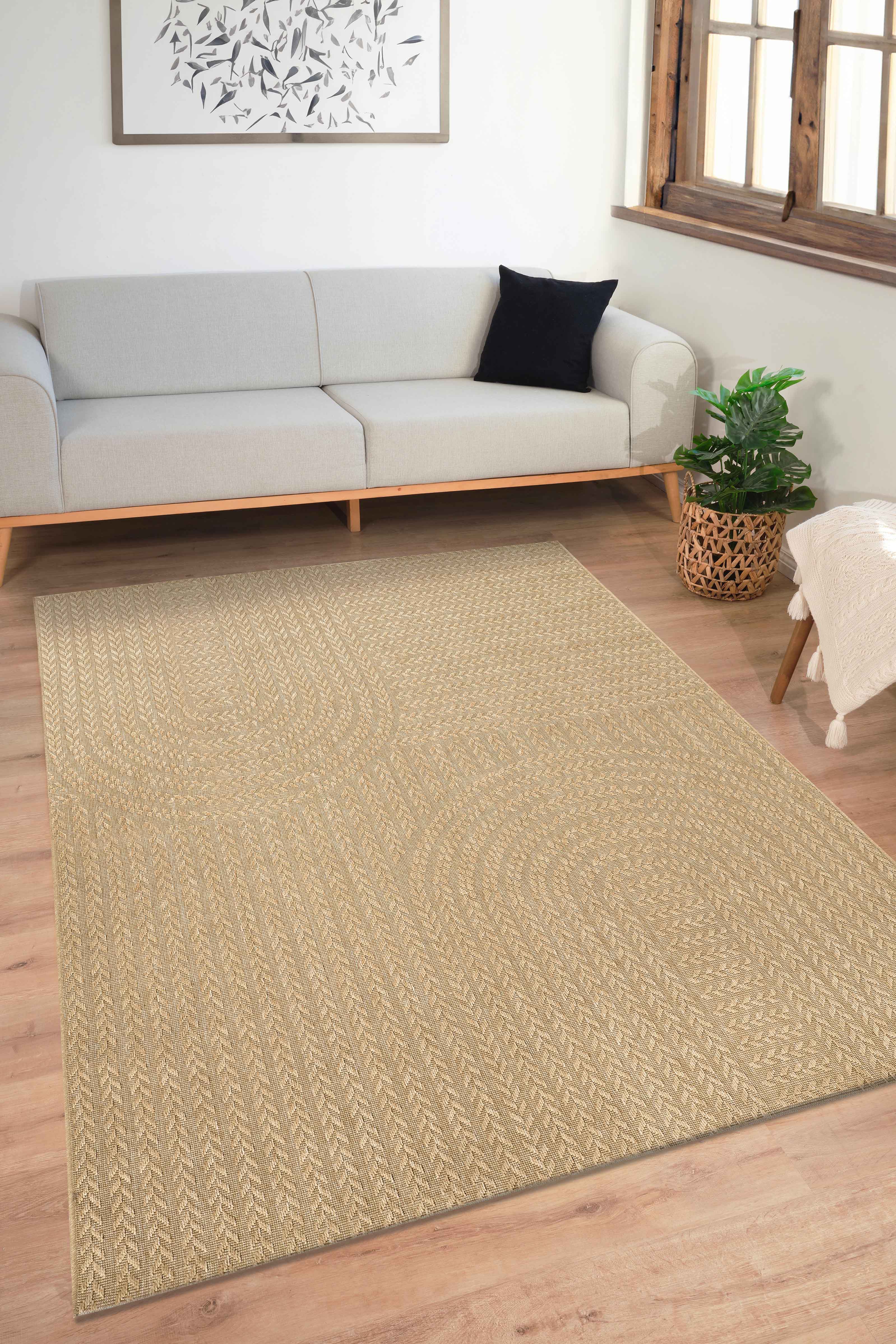 Sisaluna 4443 Bej Jüt Tabanlı Modern Dokuma Kilim Sisal Hasır Halı