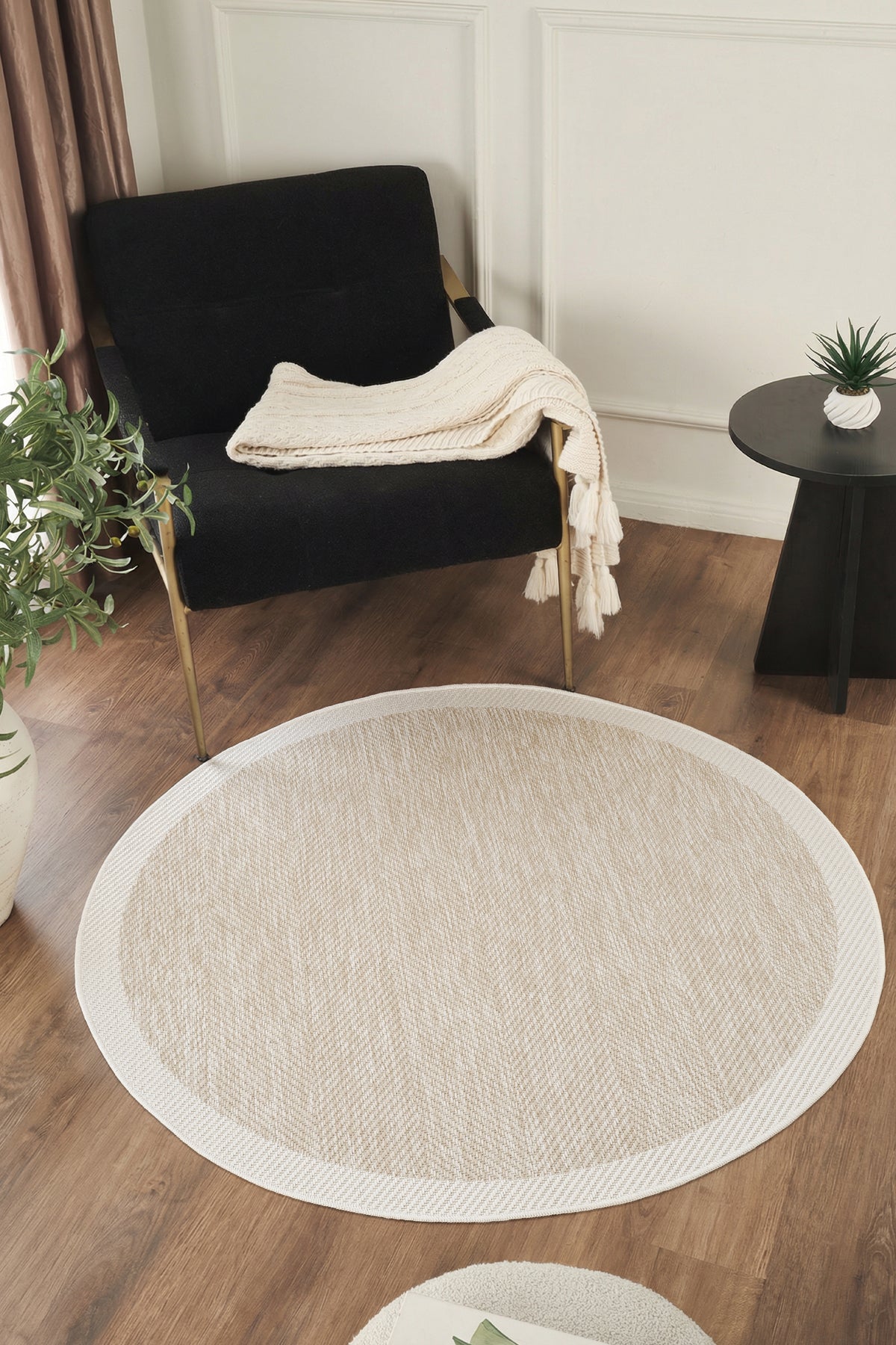 Sisalux 3085 Bej Krem Yuvarlak Sisal Dokuma Jüt Kilim Hav Toz Vermez Mutfak Oturma Odası Halısı