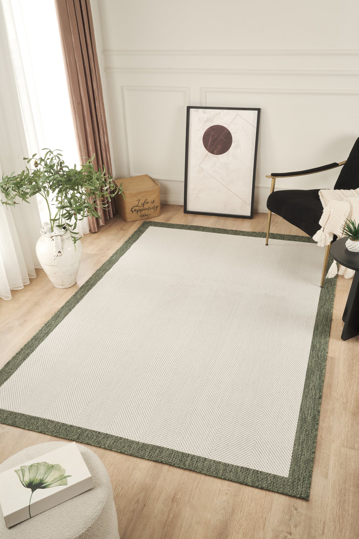 Sisalux 3090 Krem Yeşil Sisal Dokuma Jüt Kilim Hav Toz Vermez Halı Salon Mutfak Oturma Odası Halısı