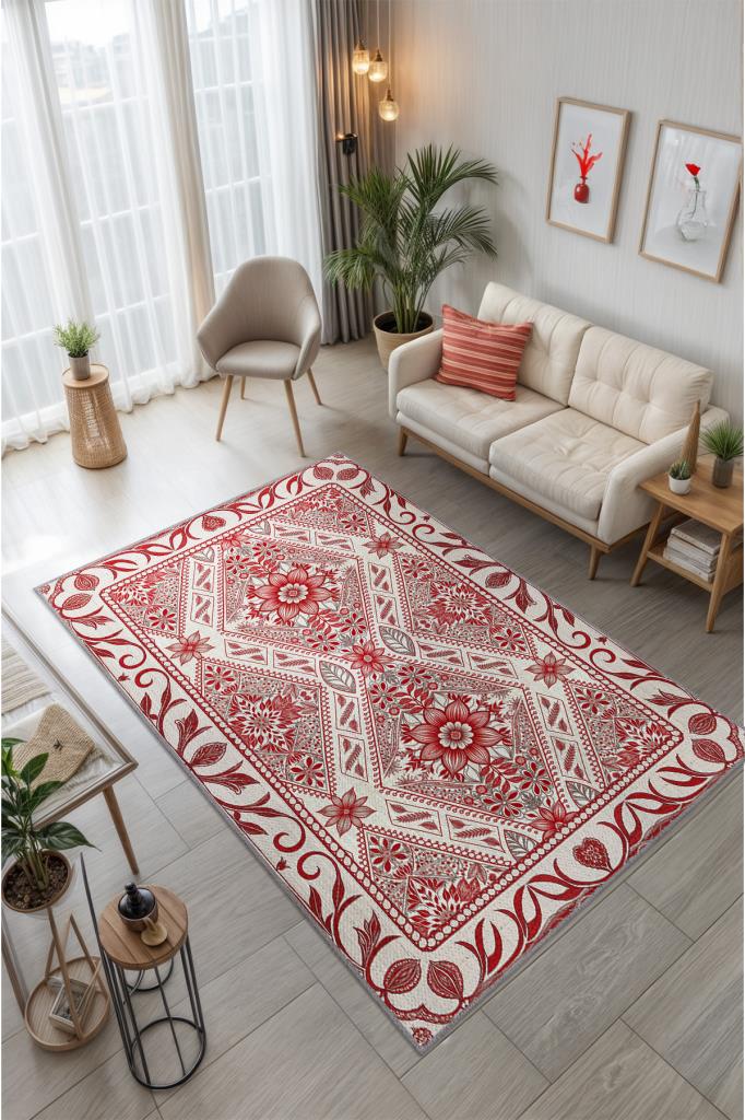 Stilize Çiçek Motifli Kırmızı Salon Halısı, Yıkanabilir Etnik Desenli Otantik Halı